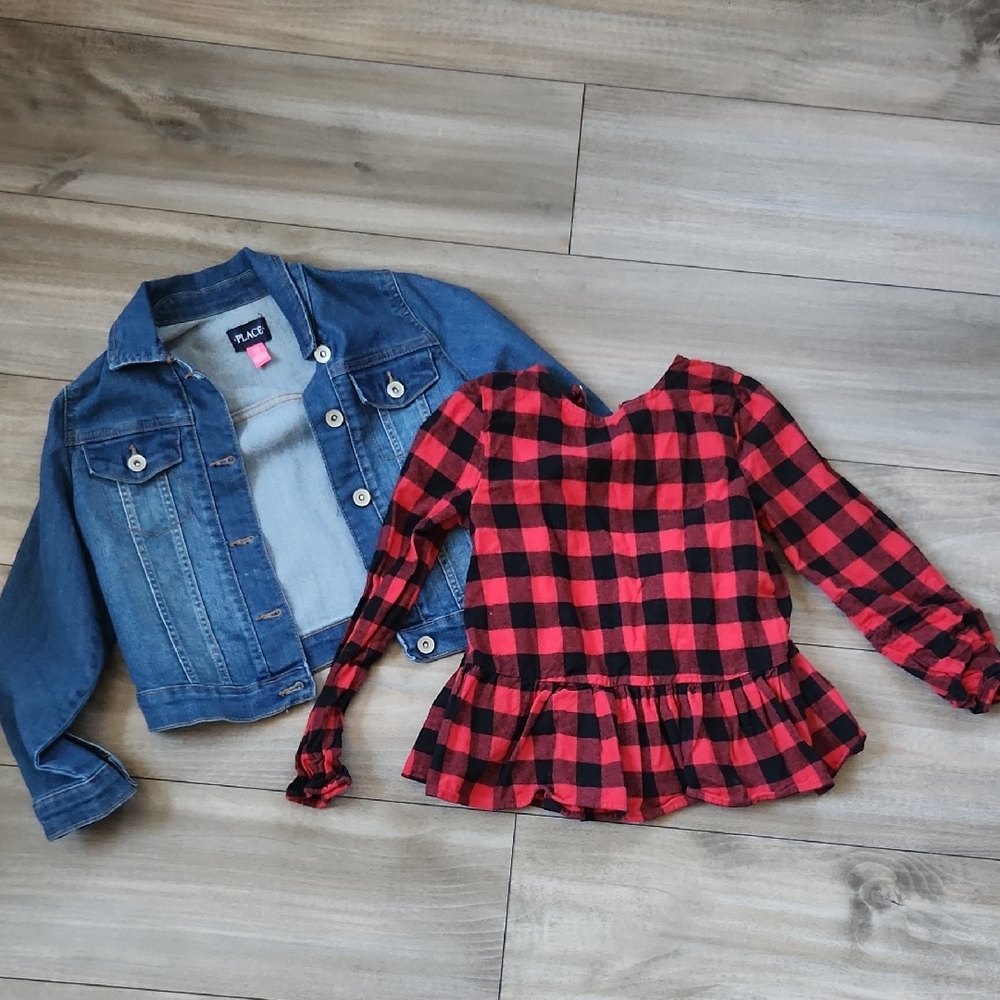 Place Blue Denim Jacket and Red Plaid Top Set 7/8